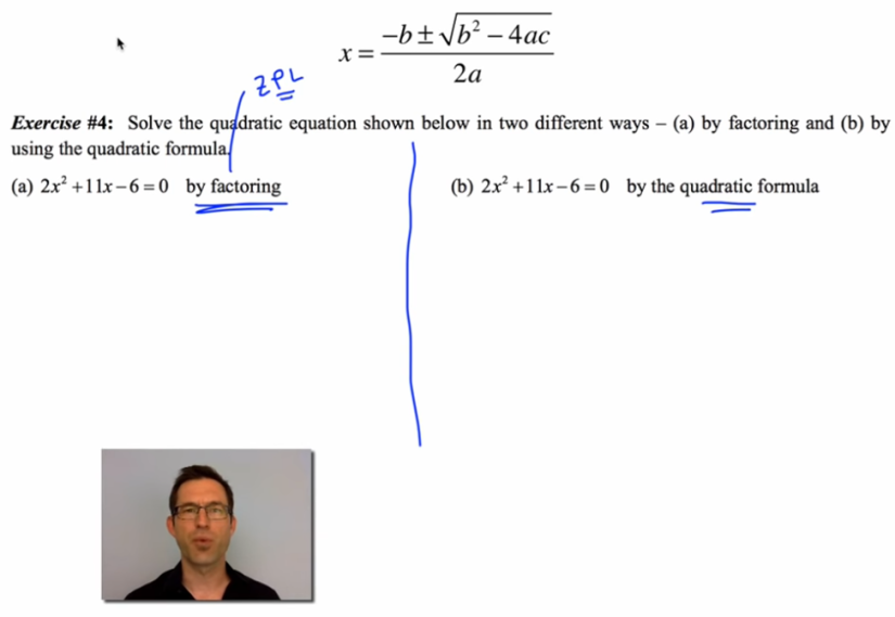 A man’s face is visible picture-in-picture below a quadratic formula problem.